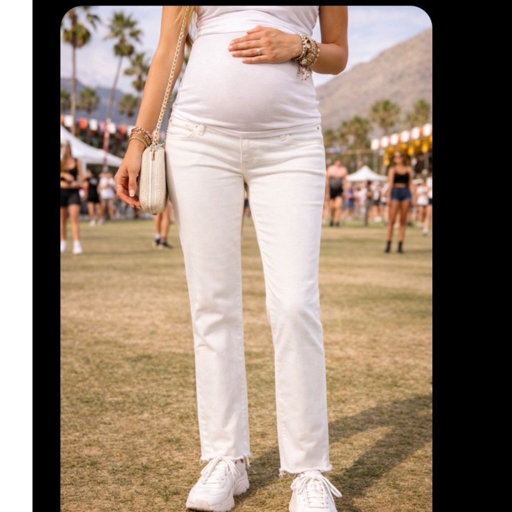 Seraphine White Maternity‎ Jeans Over Belly Raw Hem Straight leg Comfort US 8